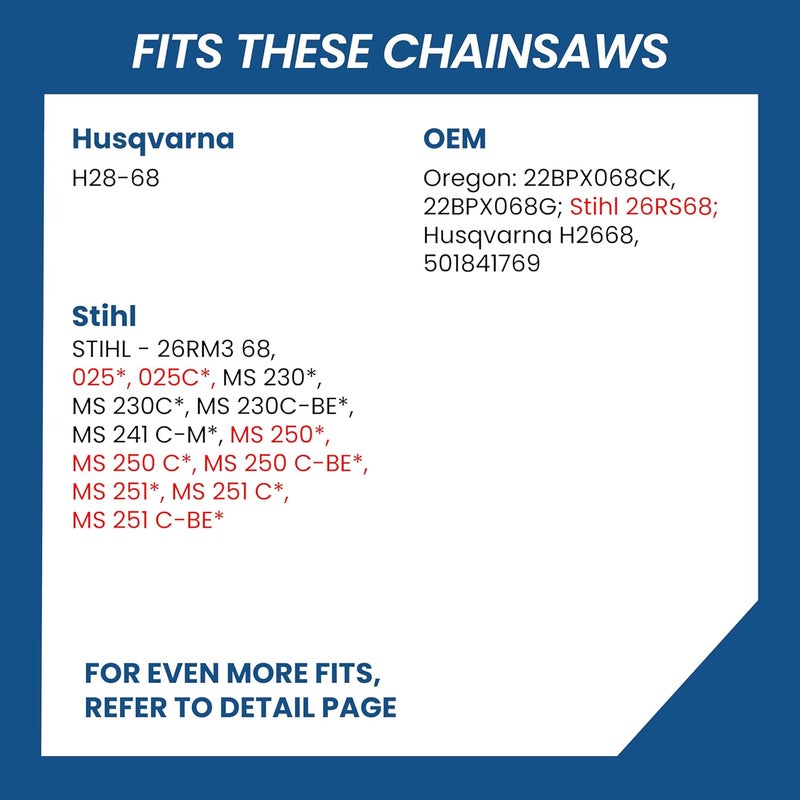 Zentop Carbide Chainsaw Chain 18 Inch, 063" Gauge, 325" Pitch, 68 Drive Links, Fits Stihl 025, 025C, MS 250, MS 250 C, MS 250 C-BE, MS 251, MS 251 C, MS 251 C-BE, OEM Stihl 26RS68 and More, 1 Pack - Image 4